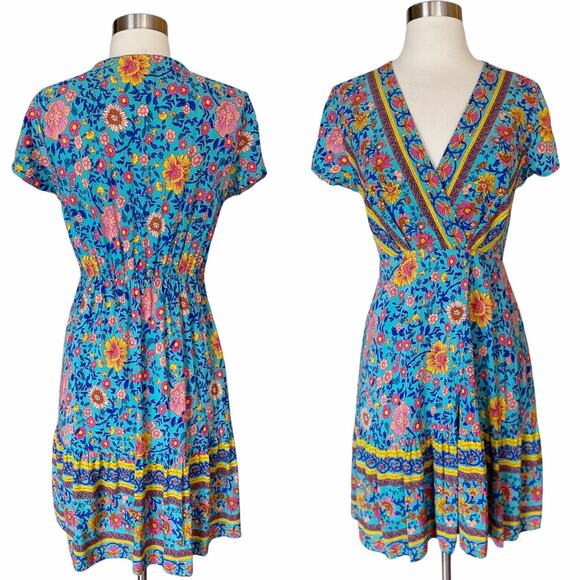 Mini Dress Boho Exotic Print Spell Inspired Blue Cotton Short Sleeves Medium EUC - Picture 1 of 11